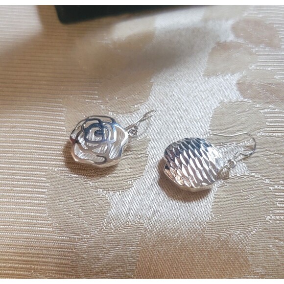 Sterling Silver Open Frame Rose Pendant Necklace & Earrings Two Tone NEW - Picture 3 of 14